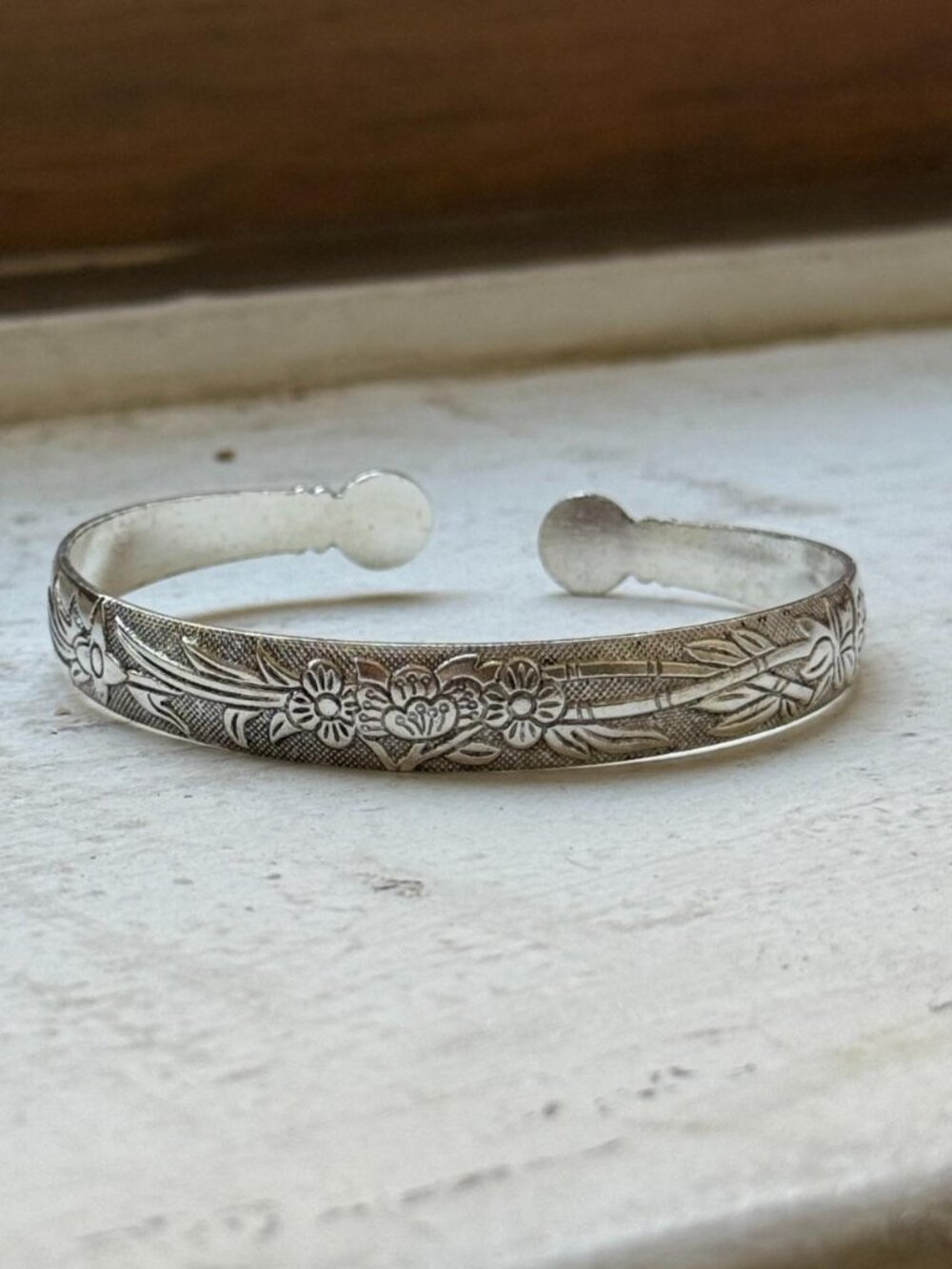 Silver Floral Engraved Cuff Bracelet Stainless Steel Adjustable Boho